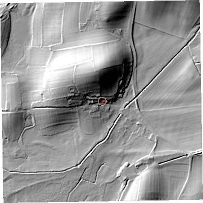 Shaded relief map of the ground around LA177TN, computed from Environment Agency LiDAR. The ground here sits at about 17 m above sea level and falls 33 m across the surrounding 800 m. Surface water reaching this point runs off ground lying to the north, 20.8 m higher.