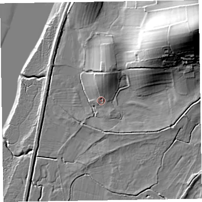 Shaded relief map of the ground around LA177TP, computed from Environment Agency LiDAR. The ground here sits at about 7 m above sea level and falls 37 m across the surrounding 800 m. Surface water reaching this point runs off ground lying to the north, 6.4 m higher.