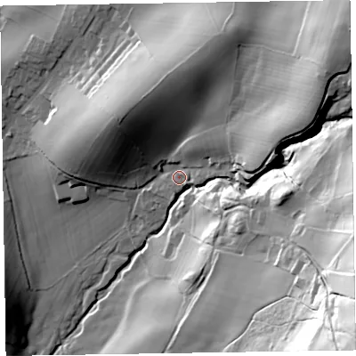 Shaded relief map of the ground around LA177TQ, computed from Environment Agency LiDAR. The ground here sits at about 42 m above sea level and falls 98 m across the surrounding 800 m. Surface water reaching this point runs off ground lying to the east-north-east, 37.5 m higher.