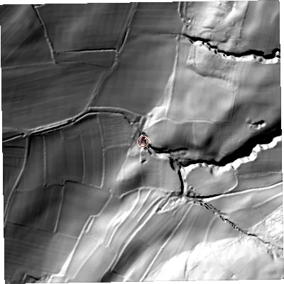 Shaded relief map of the ground around LA177TR, computed from Environment Agency LiDAR. The ground here sits at about 42 m above sea level and falls 171 m across the surrounding 800 m. Surface water reaching this point runs off ground lying to the south-east, 144.8 m higher.