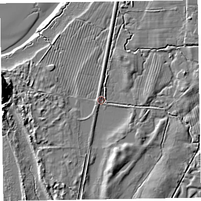 Shaded relief map of the ground around LA177TU, computed from Environment Agency LiDAR. The ground here sits at about 5 m above sea level and falls 18 m across the surrounding 800 m. Surface water reaching this point runs off ground lying to the south, 5.0 m higher.
