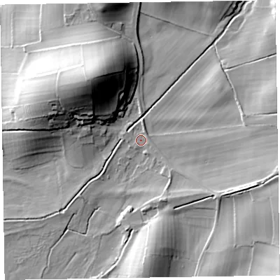 Shaded relief map of the ground around LA177TW, computed from Environment Agency LiDAR. The ground here sits at about 13 m above sea level and falls 32 m across the surrounding 800 m. Surface water reaching this point runs off ground lying to the north, 1.9 m higher.
