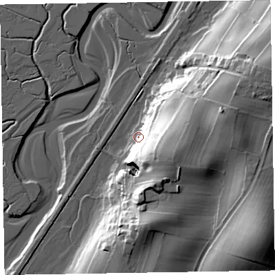 Shaded relief map of the ground around LA177UA, computed from Environment Agency LiDAR. The ground here sits at about 8 m above sea level and falls 48 m across the surrounding 800 m. Surface water reaching this point runs off ground lying to the east-south-east, 33.5 m higher.