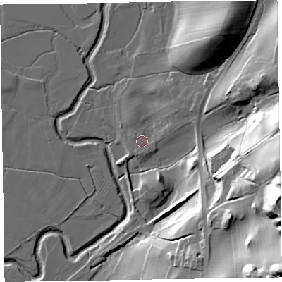 Shaded relief map of the ground around LA177UP, computed from Environment Agency LiDAR. The ground here sits at about 7 m above sea level and falls 69 m across the surrounding 800 m. Surface water reaching this point runs off ground lying to the east-north-east, 3.3 m higher.