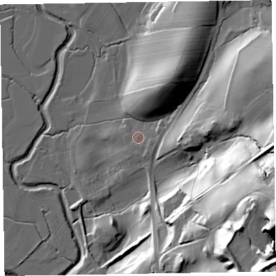 Shaded relief map of the ground around LA177UU, computed from Environment Agency LiDAR. The ground here sits at about 10 m above sea level and falls 80 m across the surrounding 800 m. Surface water reaching this point runs off ground lying to the east-north-east, 2.8 m higher.