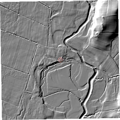 Shaded relief map of the ground around LA177UY, computed from Environment Agency LiDAR. The ground here sits at about 6 m above sea level and falls 23 m across the surrounding 800 m. Surface water reaching this point runs off ground lying to the north, 2.4 m higher.