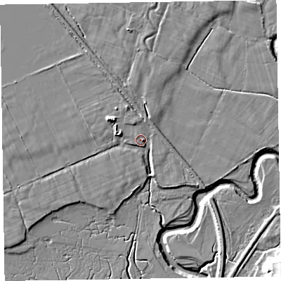 Shaded relief map of the ground around LA177XA, computed from Environment Agency LiDAR. The ground here sits at about 6 m above sea level and falls 13 m across the surrounding 800 m. Surface water reaching this point runs off ground lying to the west-north-west, 4.8 m higher.