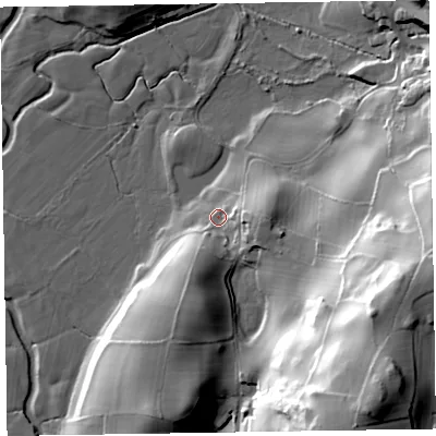 Shaded relief map of the ground around LA177XE, computed from Environment Agency LiDAR. The ground here sits at about 12 m above sea level and falls 56 m across the surrounding 800 m. Surface water reaching this point runs off ground lying to the south-east, 50.9 m higher.