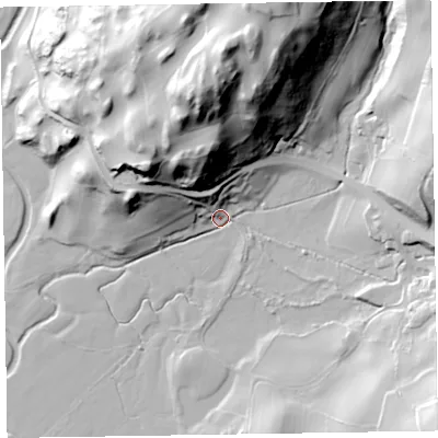 Shaded relief map of the ground around LA177XF, computed from Environment Agency LiDAR. The ground here sits at about 7 m above sea level and falls 75 m across the surrounding 800 m. Surface water reaching this point runs off ground lying to the east-south-east, 2.5 m higher.