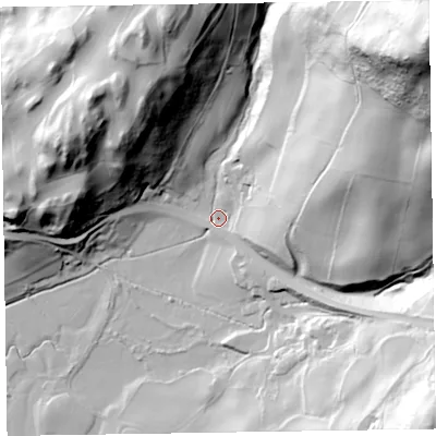 Shaded relief map of the ground around LA177XH, computed from Environment Agency LiDAR. The ground here sits at about 10 m above sea level and falls 125 m across the surrounding 800 m. Surface water reaching this point runs off ground lying to the north-east, 121.1 m higher.