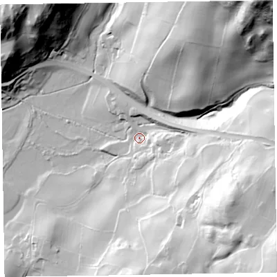 Shaded relief map of the ground around LA177XJ, computed from Environment Agency LiDAR. The ground here sits at about 15 m above sea level and falls 103 m across the surrounding 800 m. Surface water reaching this point runs off ground lying to the south-east, 67.1 m higher.