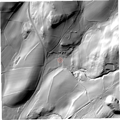 Shaded relief map of the ground around LA177XY, computed from Environment Agency LiDAR. The ground here sits at about 26 m above sea level and falls 106 m across the surrounding 800 m. Surface water reaching this point runs off ground lying to the south-east, 86.0 m higher.