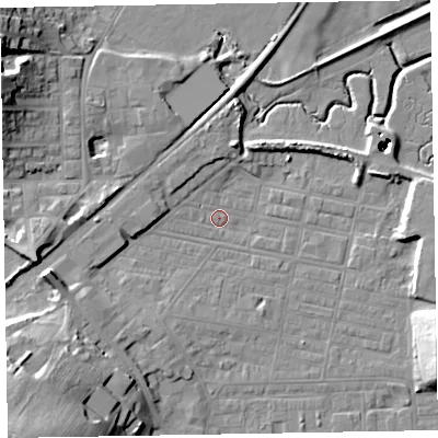 Shaded relief map of the ground around LA184AP, computed from Environment Agency LiDAR. The ground here sits at about 6 m above sea level and falls 24 m across the surrounding 800 m. Surface water reaching this point runs off ground lying to the south-west, 5.7 m higher.