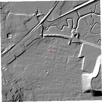 Shaded relief map of the ground around LA184AR, computed from Environment Agency LiDAR. The ground here sits at about 6 m above sea level and falls 23 m across the surrounding 800 m. Surface water reaching this point runs off ground lying to the south-west, 5.5 m higher.