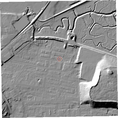 Shaded relief map of the ground around LA184AS, computed from Environment Agency LiDAR. The ground here sits at about 5 m above sea level and falls 21 m across the surrounding 800 m. Surface water reaching this point runs off ground lying to the east-south-east, 21.3 m higher.