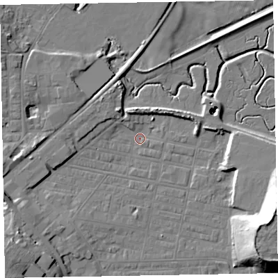 Shaded relief map of the ground around LA184AT, computed from Environment Agency LiDAR. The ground here sits at about 5 m above sea level and falls 22 m across the surrounding 800 m. Surface water reaching this point runs off ground lying to the south-west, 5.7 m higher.