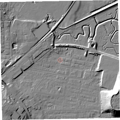 Shaded relief map of the ground around LA184AU, computed from Environment Agency LiDAR. The ground here sits at about 5 m above sea level and falls 23 m across the surrounding 800 m. Surface water reaching this point runs off ground lying to the south-west, 5.7 m higher.