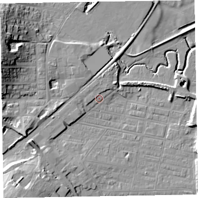 Shaded relief map of the ground around LA184AW, computed from Environment Agency LiDAR. The ground here sits at about 6 m above sea level and falls 23 m across the surrounding 800 m. Surface water reaching this point runs off ground lying to the north-west, 1.3 m higher.