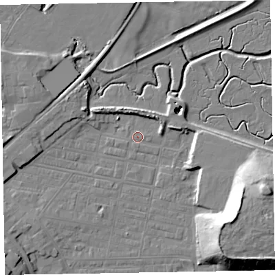 Shaded relief map of the ground around LA184AY, computed from Environment Agency LiDAR. The ground here sits at about 5 m above sea level and falls 21 m across the surrounding 800 m. Surface water reaching this point runs off ground lying to the south-west, 5.5 m higher.