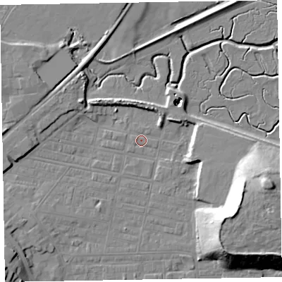 Shaded relief map of the ground around LA184AZ, computed from Environment Agency LiDAR. The ground here sits at about 5 m above sea level and falls 21 m across the surrounding 800 m. Surface water reaching this point runs off ground lying to the east-south-east, 21.3 m higher.
