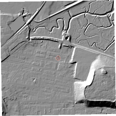 Shaded relief map of the ground around LA184BA, computed from Environment Agency LiDAR. The ground here sits at about 5 m above sea level and falls 21 m across the surrounding 800 m. Surface water reaching this point runs off ground lying to the east-south-east, 16.9 m higher.