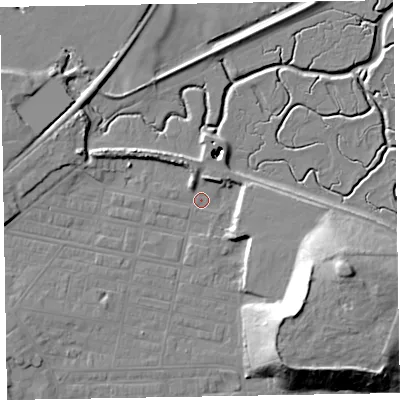 Shaded relief map of the ground around LA184BW, computed from Environment Agency LiDAR. The ground here sits at about 5 m above sea level and falls 21 m across the surrounding 800 m. Surface water reaching this point runs off ground lying to the east-south-east, 21.3 m higher.