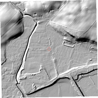 Shaded relief map of the ground around LA184EN, computed from Environment Agency LiDAR. The ground here sits at about 6 m above sea level and falls 19 m across the surrounding 800 m. Surface water reaching this point runs off ground lying to the east-north-east, 16.3 m higher.