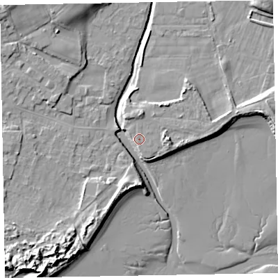 Shaded relief map of the ground around LA184EP, computed from Environment Agency LiDAR. The ground here sits at about 7 m above sea level and falls 15 m across the surrounding 800 m. Surface water reaching this point runs off ground lying to the north, 1.7 m higher.