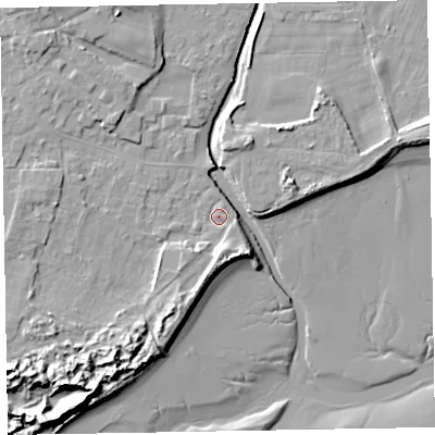 Shaded relief map of the ground around LA184ER, computed from Environment Agency LiDAR. The ground here sits at about 6 m above sea level and falls 15 m across the surrounding 800 m. Surface water reaching this point runs off ground lying to the south-east, 1.4 m higher.