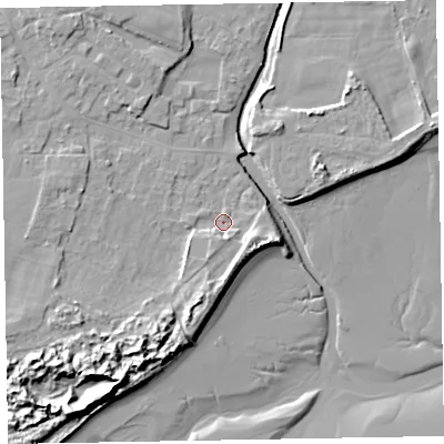 Shaded relief map of the ground around LA184ES, computed from Environment Agency LiDAR. The ground here sits at about 6 m above sea level and falls 15 m across the surrounding 800 m. Surface water reaching this point runs off ground lying to the south-west, 9.7 m higher.