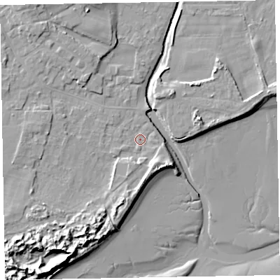 Shaded relief map of the ground around LA184ET, computed from Environment Agency LiDAR. The ground here sits at about 5 m above sea level and falls 15 m across the surrounding 800 m. Surface water reaching this point runs off ground lying to the south-south-west, 9.7 m higher.