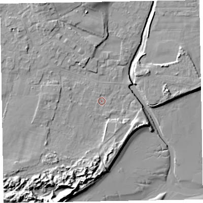 Shaded relief map of the ground around LA184EU, computed from Environment Agency LiDAR. The ground here sits at about 5 m above sea level and falls 15 m across the surrounding 800 m. Surface water reaching this point runs off ground lying to the west-south-west, 0.6 m higher.
