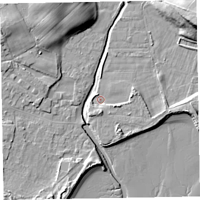 Shaded relief map of the ground around LA184EW, computed from Environment Agency LiDAR. The ground here sits at about 5 m above sea level and falls 17 m across the surrounding 800 m. Surface water reaching this point runs off ground lying to the east-south-east, 3.5 m higher.