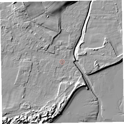 Shaded relief map of the ground around LA184EX, computed from Environment Agency LiDAR. The ground here sits at about 6 m above sea level and falls 14 m across the surrounding 800 m. Surface water reaching this point runs off ground lying to the north-west, 5.8 m higher.