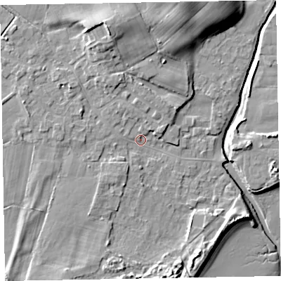 Shaded relief map of the ground around LA184EY, computed from Environment Agency LiDAR. The ground here sits at about 6 m above sea level and falls 15 m across the surrounding 800 m. Surface water reaching this point runs off ground lying to the north-north-west, 5.8 m higher.