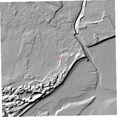 Shaded relief map of the ground around LA184FB, computed from Environment Agency LiDAR. The ground here sits at about 5 m above sea level and falls 15 m across the surrounding 800 m. Surface water reaching this point runs off ground lying to the south-south-west, 9.7 m higher.