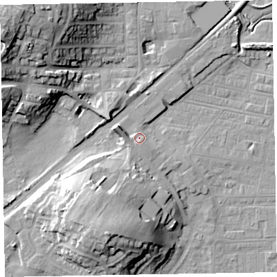 Shaded relief map of the ground around LA184FE, computed from Environment Agency LiDAR. The ground here sits at about 9 m above sea level and falls 28 m across the surrounding 800 m. Surface water reaching this point runs off ground lying to the west-south-west, 3.0 m higher.