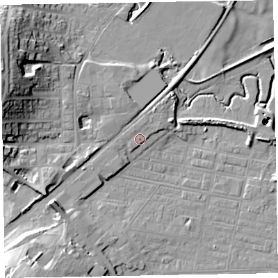 Shaded relief map of the ground around LA184FH, computed from Environment Agency LiDAR. The ground here sits at about 8 m above sea level and falls 23 m across the surrounding 800 m. Surface water reaching this point runs off ground lying to the north-west, 0.5 m higher.