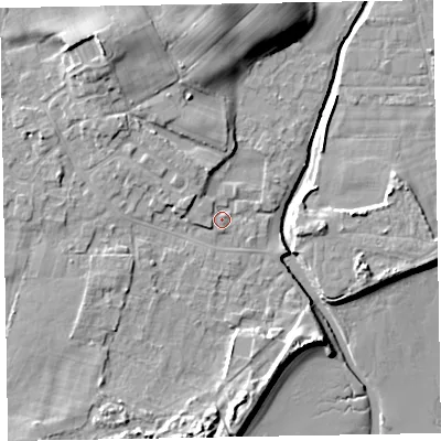 Shaded relief map of the ground around LA184HA, computed from Environment Agency LiDAR. The ground here sits at about 6 m above sea level and falls 15 m across the surrounding 800 m. Surface water reaching this point runs off ground lying to the west-north-west, 1.7 m higher.