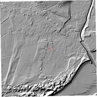 Shaded relief map of the ground around LA184HB, computed from Environment Agency LiDAR. The ground here sits at about 7 m above sea level and falls 15 m across the surrounding 800 m. Surface water reaching this point runs off ground lying to the west-south-west, 1.6 m higher.