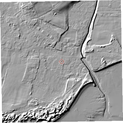 Shaded relief map of the ground around LA184HD, computed from Environment Agency LiDAR. The ground here sits at about 6 m above sea level and falls 15 m across the surrounding 800 m. Surface water reaching this point runs off ground lying to the south-west, 0.5 m higher.