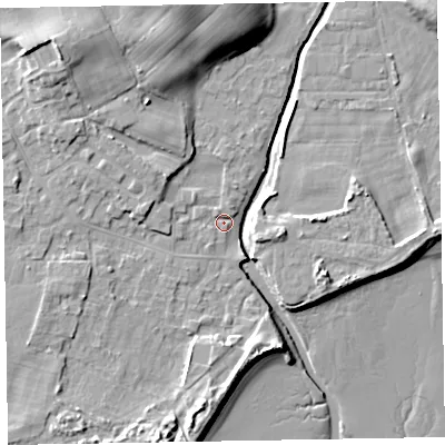 Shaded relief map of the ground around LA184HN, computed from Environment Agency LiDAR. The ground here sits at about 5 m above sea level and falls 16 m across the surrounding 800 m. Surface water reaching this point runs off ground lying to the west, 3.3 m higher.