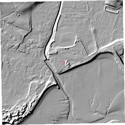 Shaded relief map of the ground around LA184HT, computed from Environment Agency LiDAR. The ground here sits at about 7 m above sea level and falls 18 m across the surrounding 800 m. Surface water reaching this point runs off ground lying to the east-south-east, 2.6 m higher.