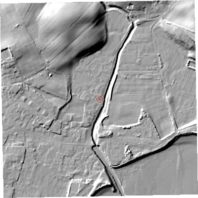 Shaded relief map of the ground around LA184HW, computed from Environment Agency LiDAR. The ground here sits at about 5 m above sea level and falls 17 m across the surrounding 800 m. Surface water reaching this point runs off ground lying to the north-north-west, 15.7 m higher.