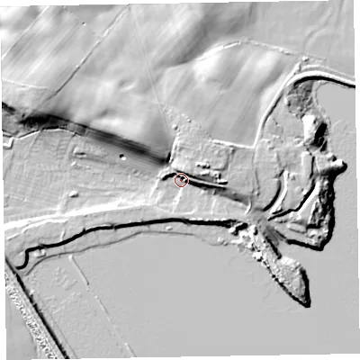 Shaded relief map of the ground around LA184LG, computed from Environment Agency LiDAR. The ground here sits at about 9 m above sea level and falls 20 m across the surrounding 800 m. Surface water reaching this point runs off ground lying to the east-north-east, 12.2 m higher.