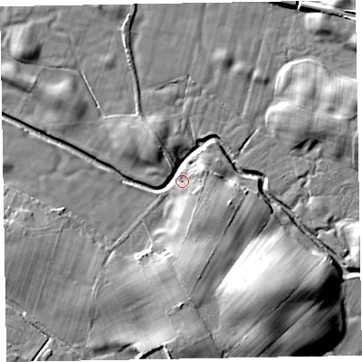 Shaded relief map of the ground around LA184NF, computed from Environment Agency LiDAR. The ground here sits at about 7 m above sea level and falls 15 m across the surrounding 800 m. Surface water reaching this point runs off ground lying to the south-east, 6.2 m higher.