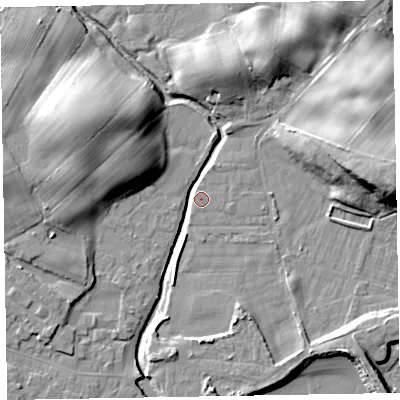 Shaded relief map of the ground around LA184NG, computed from Environment Agency LiDAR. The ground here sits at about 6 m above sea level and falls 18 m across the surrounding 800 m. Surface water reaching this point runs off ground lying to the north-west, 15.5 m higher.