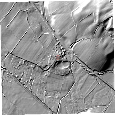 Shaded relief map of the ground around LA184NN, computed from Environment Agency LiDAR. The ground here sits at about 12 m above sea level and falls 61 m across the surrounding 800 m. Surface water reaching this point runs off ground lying to the south-west, 2.1 m higher.