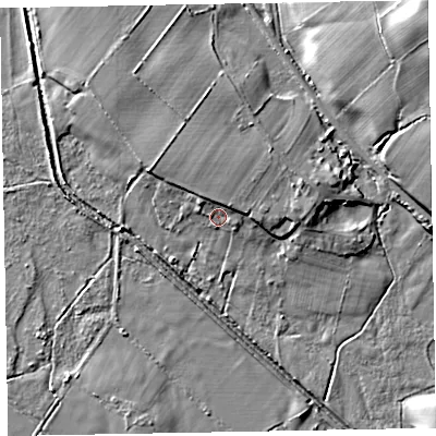 Shaded relief map of the ground around LA184NW, computed from Environment Agency LiDAR. The ground here sits at about 9 m above sea level and falls 32 m across the surrounding 800 m. Surface water reaching this point runs off ground lying to the north-north-east, 5.2 m higher.