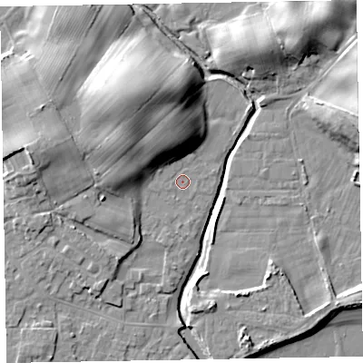 Shaded relief map of the ground around LA184PT, computed from Environment Agency LiDAR. The ground here sits at about 6 m above sea level and falls 16 m across the surrounding 800 m. Surface water reaching this point runs off ground lying to the north-north-west, 9.6 m higher.